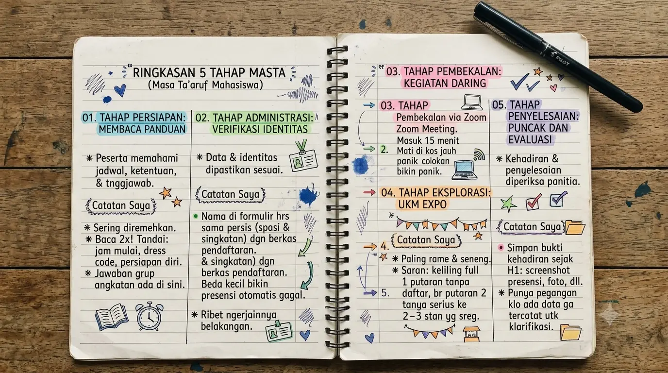 Buku catatan terbuka berisi rangkuman tulisan tangan lima tahap MASTA, tiap tahap diberi penanda warna berbeda beserta kolom catatan pribadi