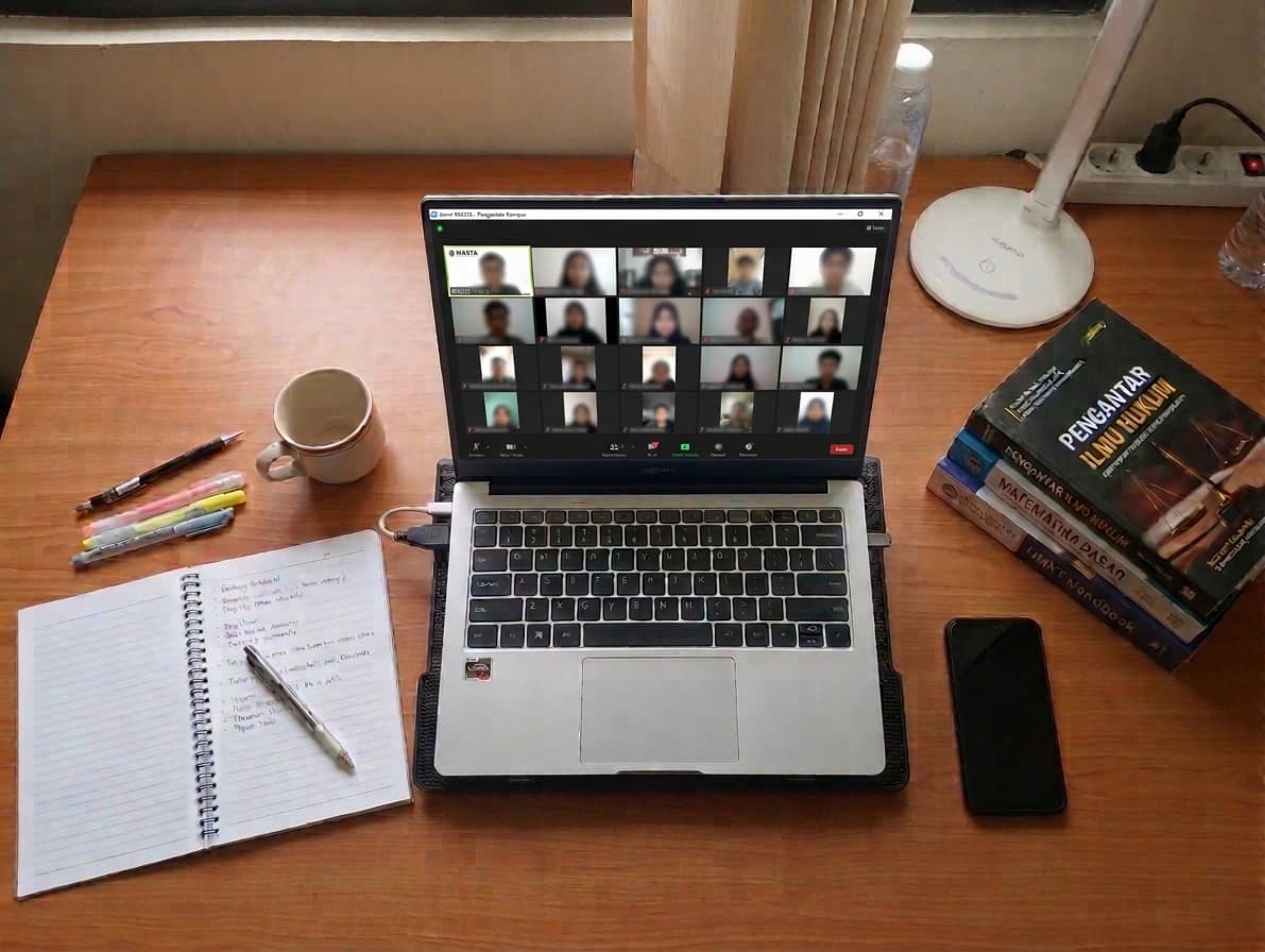 Meja belajar dilihat dari atas: laptop menampilkan jendela rapat daring berisi puluhan kotak peserta dengan wajah diburamkan, di sampingnya buku catatan terbuka berisi tulisan tangan, pena, stabilo, cangkir, dan tumpukan buku kuliah