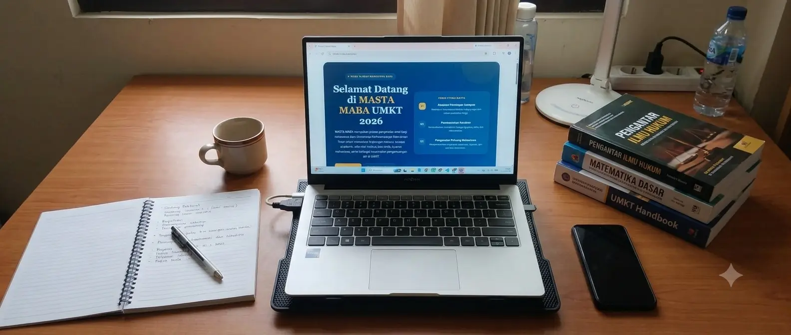 Meja belajar dengan laptop terbuka menampilkan halaman selamat datang MASTA MABA UMKT 2026, di sampingnya buku catatan, cangkir, ponsel, dan tumpukan buku kuliah