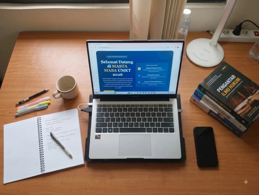 Meja belajar dilihat dari atas: laptop menampilkan halaman selamat datang MASTA MABA UMKT 2026, buku catatan terbuka berisi tulisan tangan, pulpen, cangkir, ponsel, lampu belajar, dan tumpukan buku kuliah