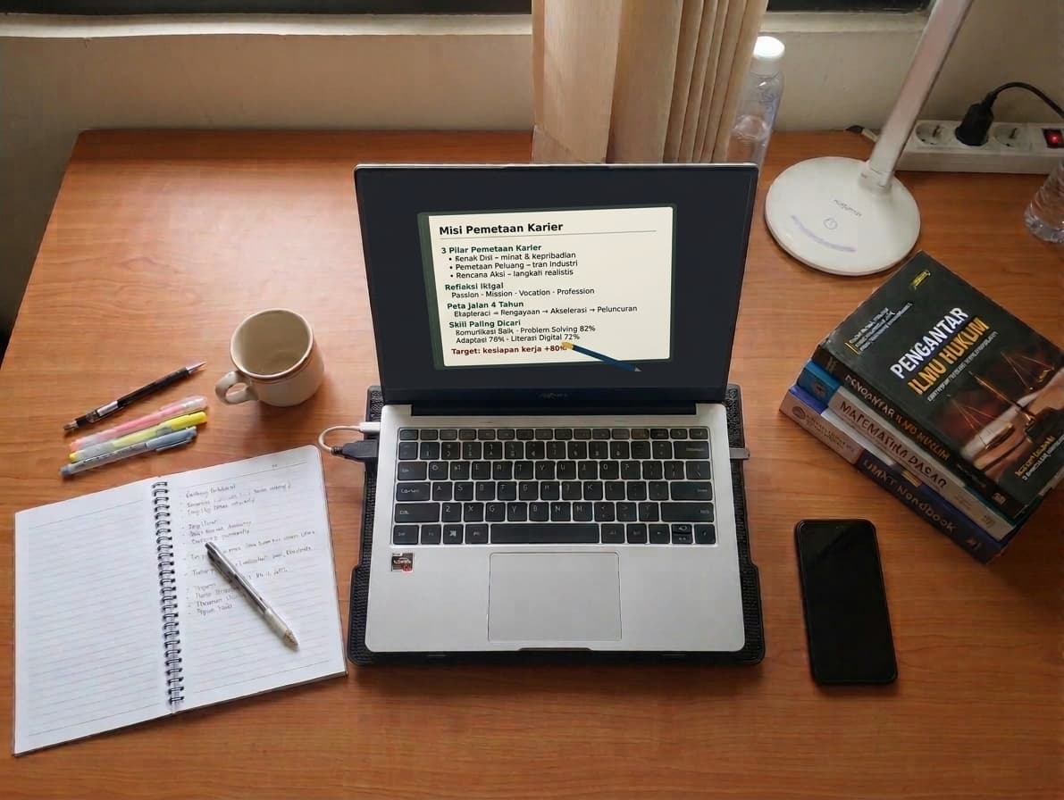 Meja belajar dilihat dari atas: laptop menampilkan slide ringkasan materi pemetaan karier, di sampingnya buku catatan terbuka berisi tulisan tangan, pena, stabilo, cangkir, dan tumpukan buku kuliah