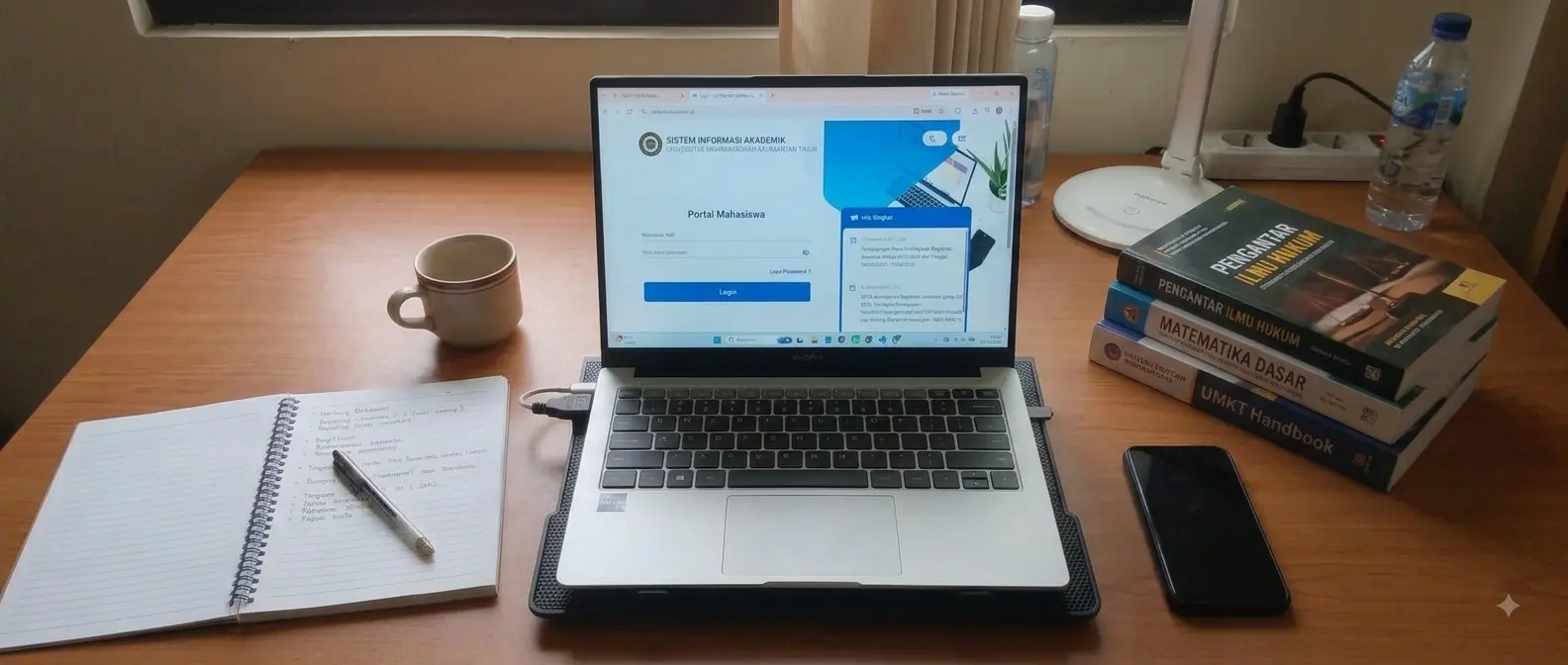 Layar laptop menampilkan halaman masuk Portal Mahasiswa Sistem Informasi Akademik UMKT, di atas meja belajar bersama buku catatan dan tumpukan buku kuliah